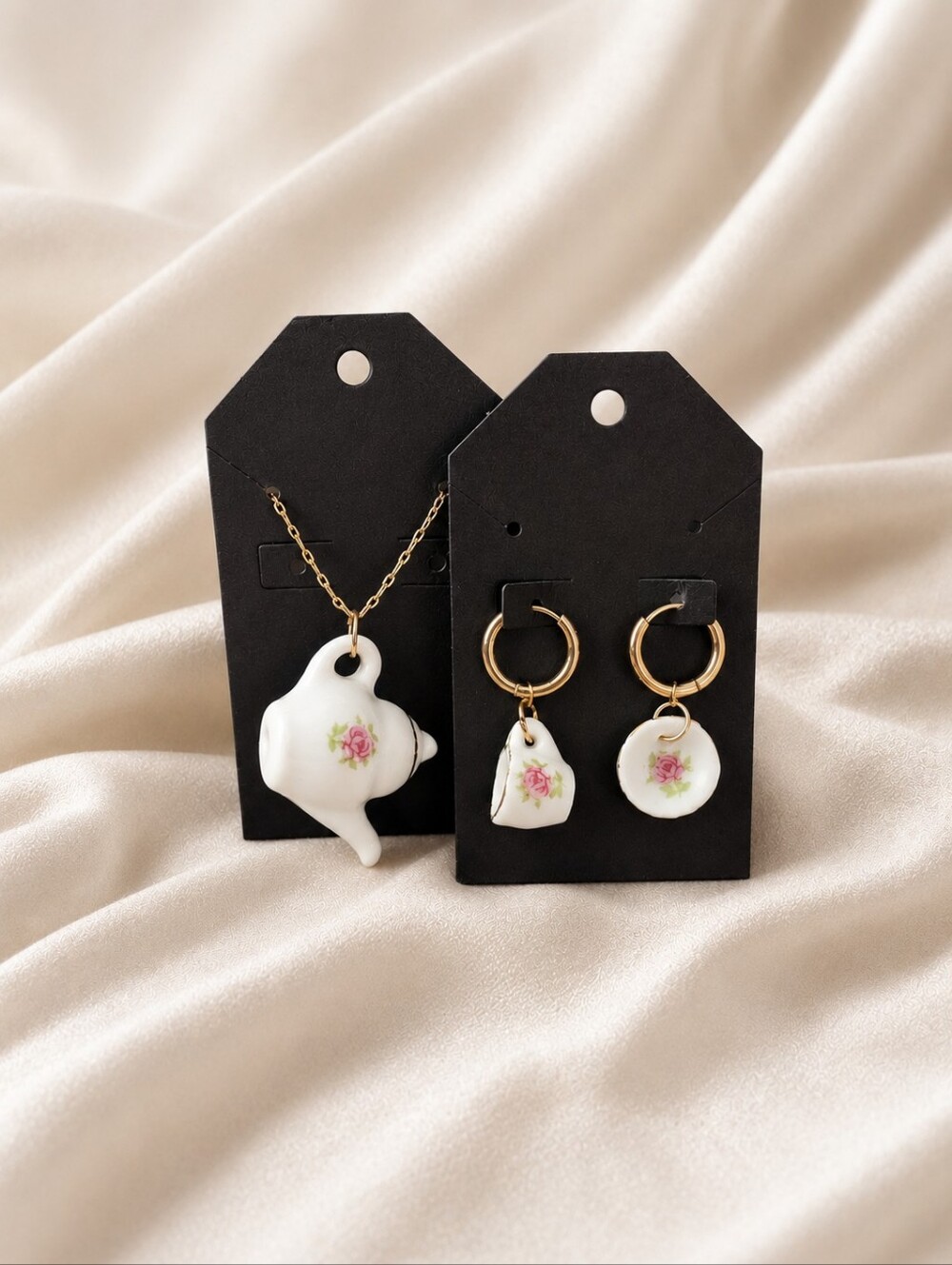 Floral Teapot Necklace & Earring Set - 14mm Huggie Earrings